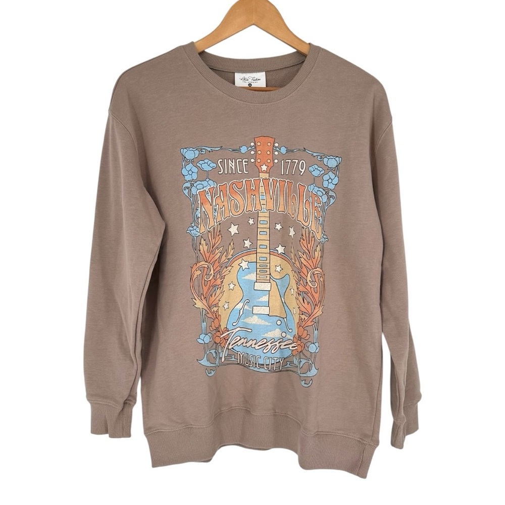 Lotus Fashion Nashville Graphic Sweatshirt size Medium Long Sleeves Taupe Crew
